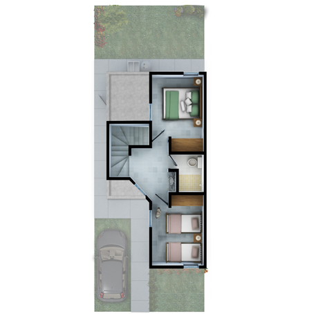 Fachada e interiores de una casa de dos pisos con 3 habitaciones