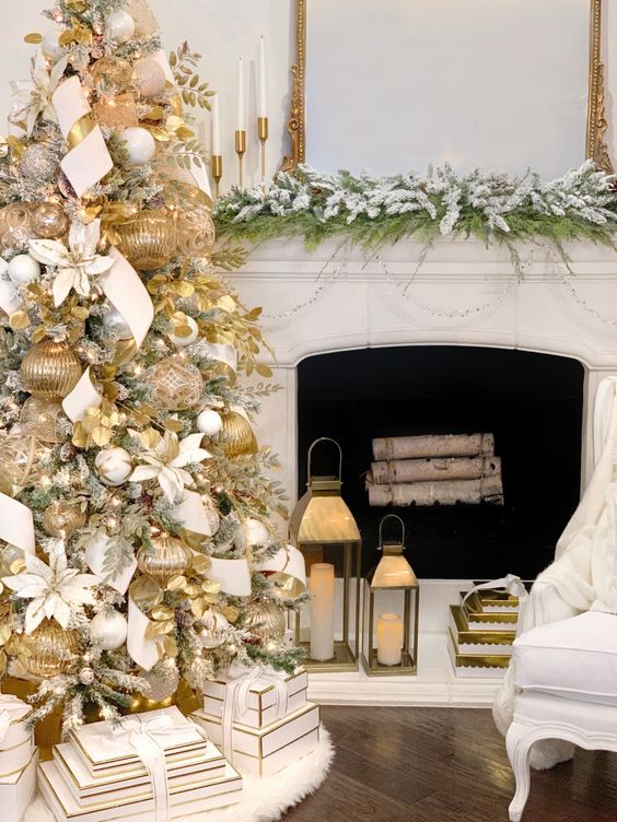 Chimeneas navideñas blanco con dorado
